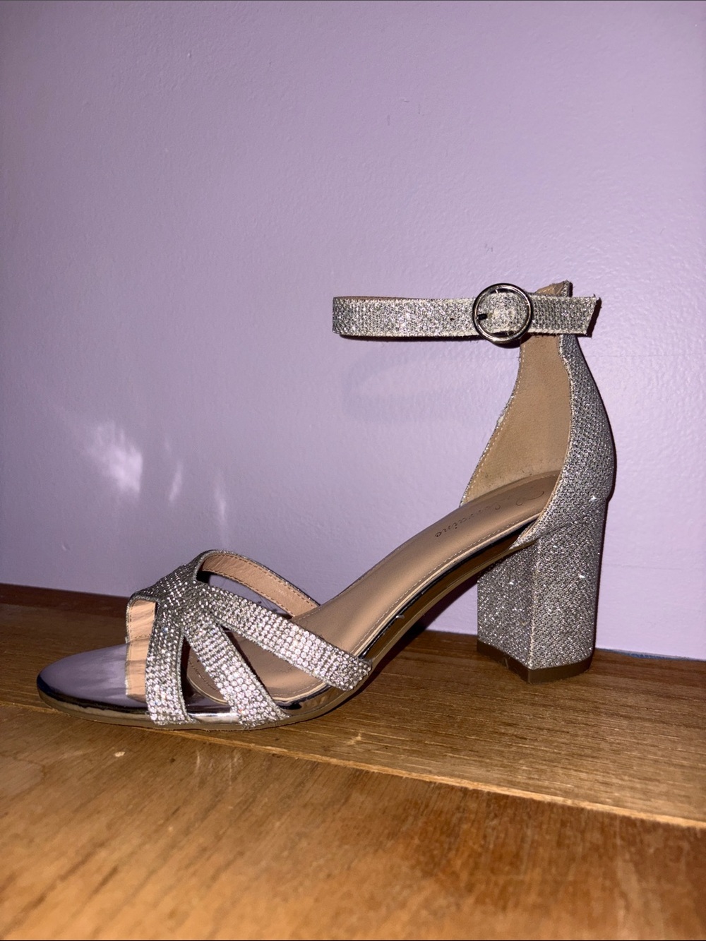 Silver Glitter Block Heel Sandal